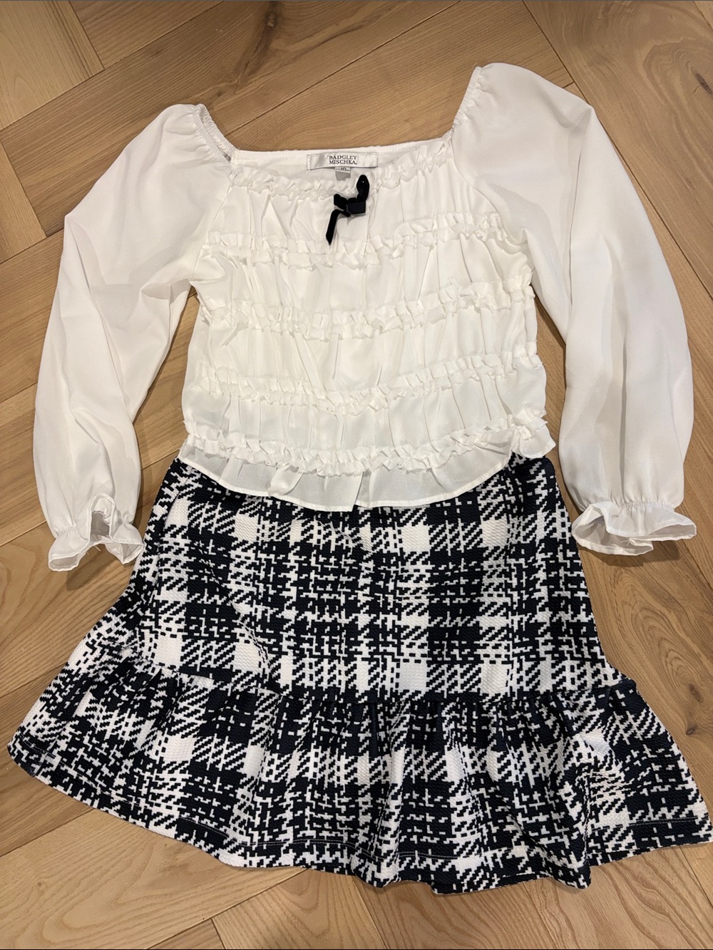 Badgley Mischka White Ruffled Blouse with Black Plaid Skirt Set. Girls size 10.
